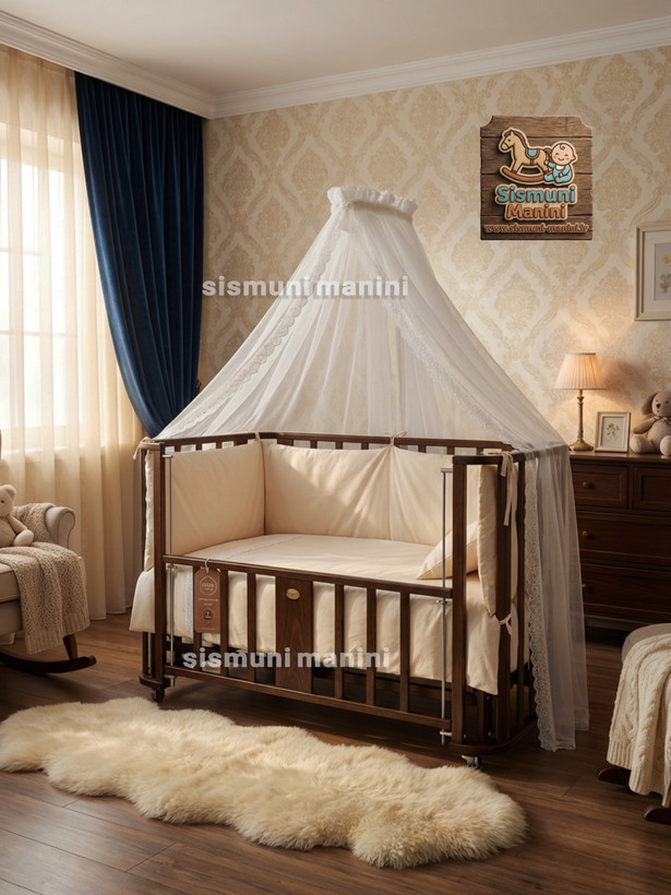 گهواره کنار مادر سلیکا سایز ۱۰۰ رنگ فندقی با تشک خوشخواب سیسمونی مانی نی