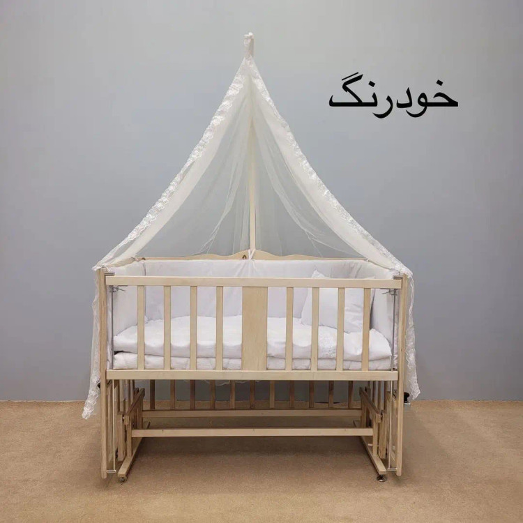 تخت چوبی سلیکا رنگ چوب طبیعی با تشک طبی و قفل ایمن