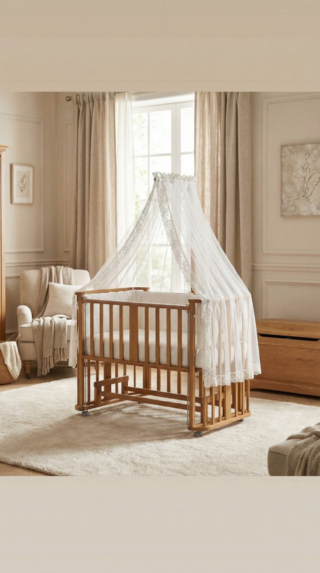 تخت چوبی کنار مادر سلیکا سایز ۱۰۰ رنگ فندقی با تشک خوشخواب سیسمونی مانی نی