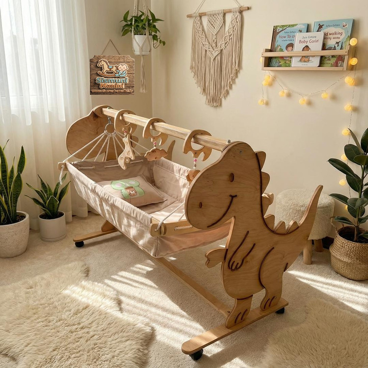 گهواره چوبی دایناسور کنار تخت مادر با فضای خواب جادار