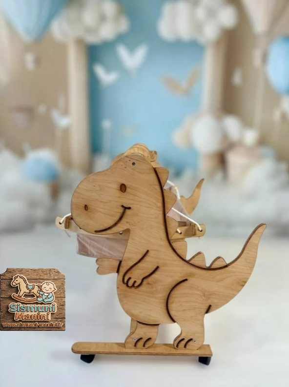 گهواره چوبی سنتی دایناسور چرخدار با پارچه کرم سیسمونی مانی نی