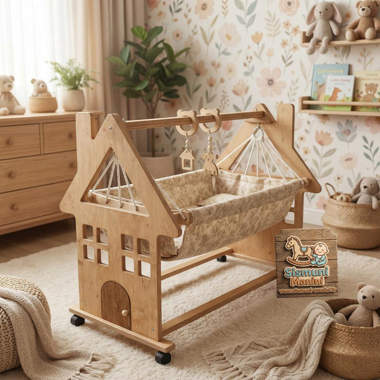 گهواره چوبی سنتی مدل خونه با پارچه کرم سیسمونی مانی نی