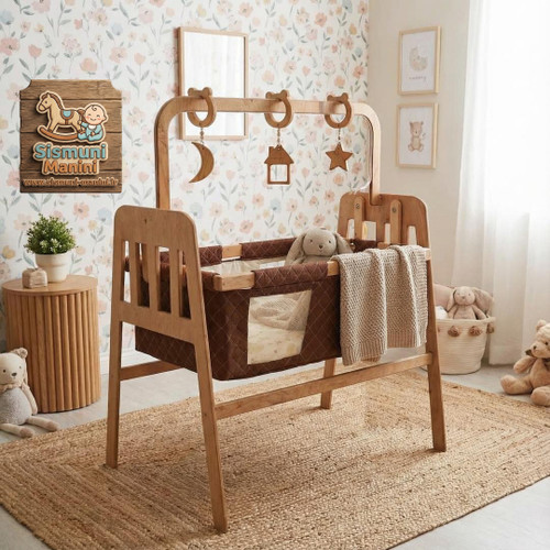 گهواره چوبی سنتی مدل خونه با پارچه کرم سیسمونی مانی نی