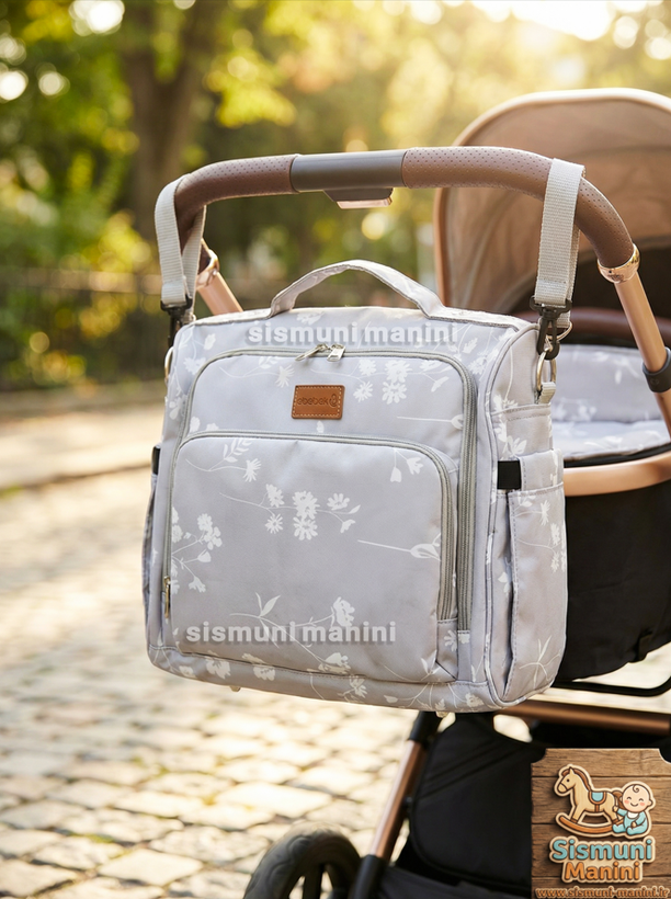 ساک لوازم نوزاد طوسی با بند اتصال به کالسکه