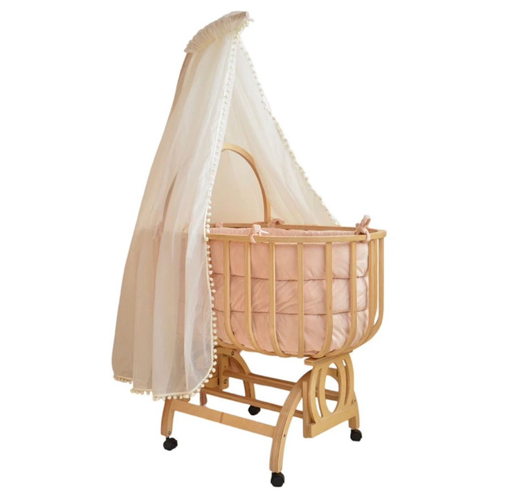 تخت و گهواره چوبی بیضی ویونا با سرویس روتختی و پشهبند سیسمونی مانی نی