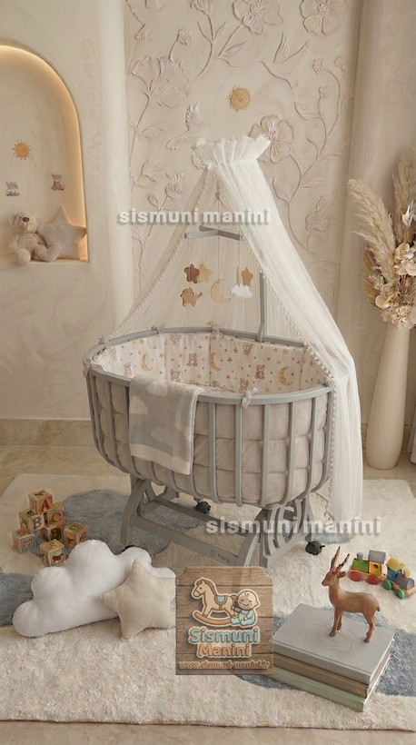 تخت گهواره بیضی ویونا با سرویس خواب کامل و پشهبند طوسی