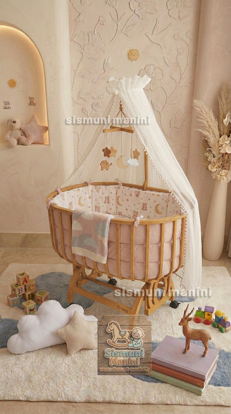 تخت گهواره بیضی ویونا با سرویس خواب کامل و پشهبند عسلی