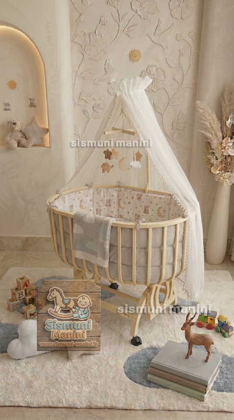 تخت گهواره بیضی ویونا با سرویس خواب کامل و پشهبند کرم