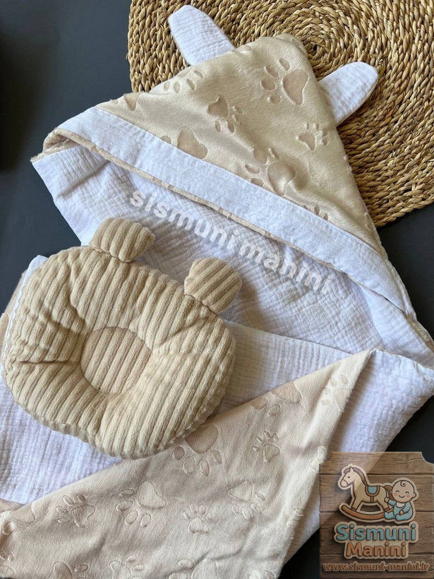 پتو دورپیچ کلاهدار پارچه موسلین با بالشت فرم دهی در سیسمونی مانی نی