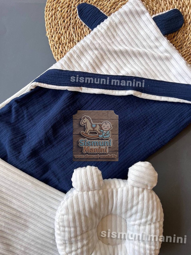 پتو دورپیچ کلاهدار پارچه موسلین با بالشت فرم دهی در سیسمونی مانی نی