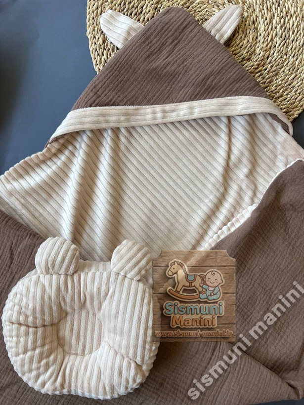 پتو دورپیچ کلاهدار پارچه موسلین با بالشت فرم دهی در سیسمونی مانی نی