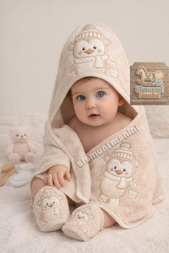 سرویس حوله پنج تیکه نوزاد برکه با طرح پنگوئن کلاه دار سیسمونی مانی نی