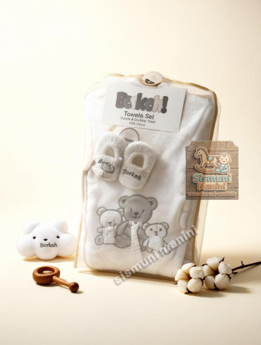 حوله دورپیچ کلاه دار با پاپوش نوزاد برکه با طرح خرس طوسی کلاه دار سیسمونی مانی نی