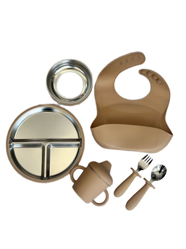 ست غذاخوری نوزاد سیلیکونی به همراه ظرف و قاشق داخل استیل سیسمونی مانی نی