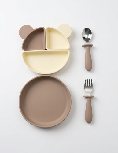 ست غذاخوری نوزاد سیلیکونی به همراه قاشق دسته سیلیکونی استیل سیسمونی مانی نی