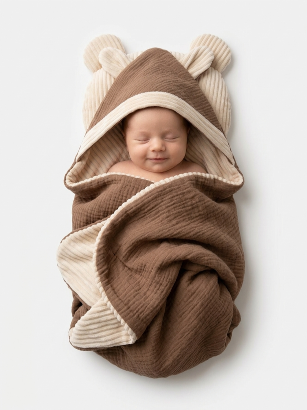 پتو دورپیچ کلاهدار پارچه موسلین با بالشت فرم دهی در سیسمونی مانی نی